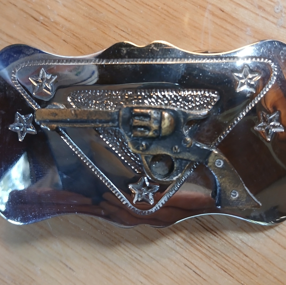 Chambers Belt Co Gold and Silver Tone Western Gun Engraved Unisex Belt Buckle
